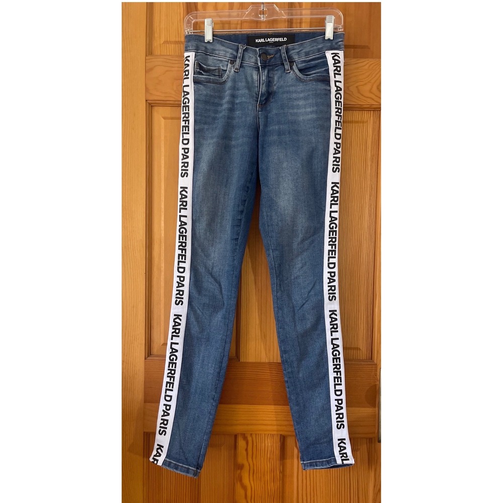 Karl Lagerfeld Paris Skinny Jeans Logo Side Stripe Stretch Denim Size 2